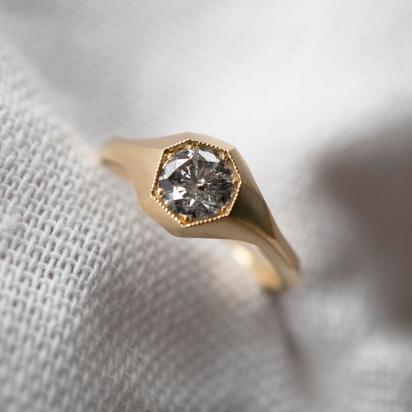 Faceted Signet Ring - Salt & Pepper Diamond