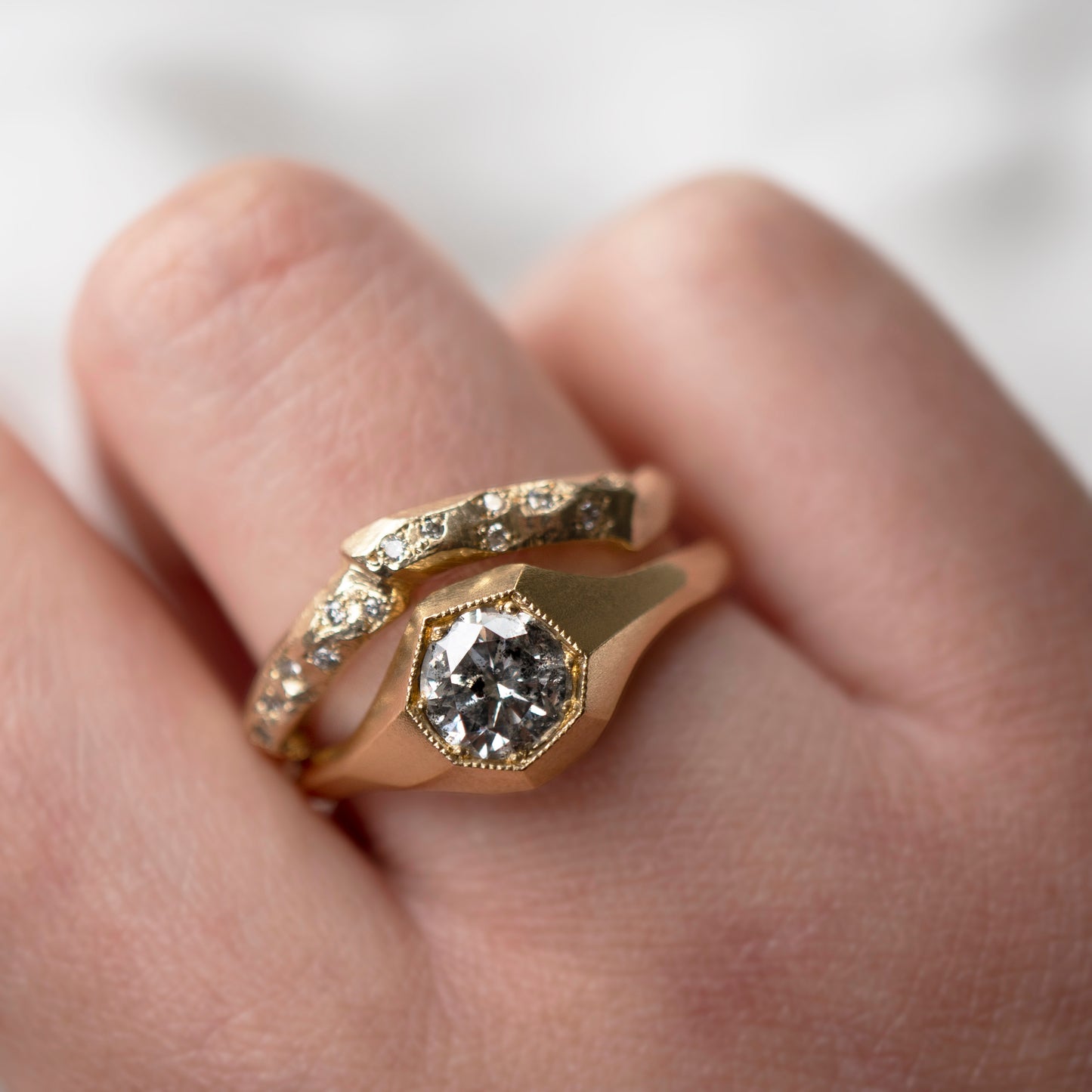 Faceted Signet Ring - Salt & Pepper Diamond