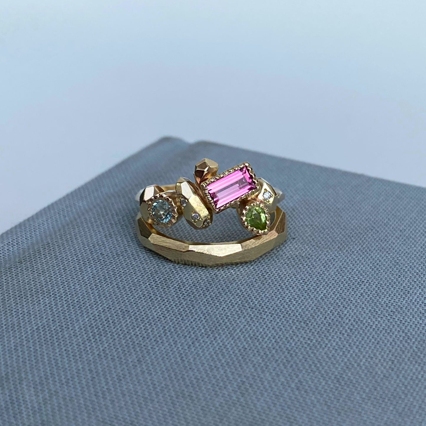 One-Of-A-Kind Gea Gea Ring #3 - 9ct Gold, Peridot, Tourmaline, Aquamarine & Diamonds