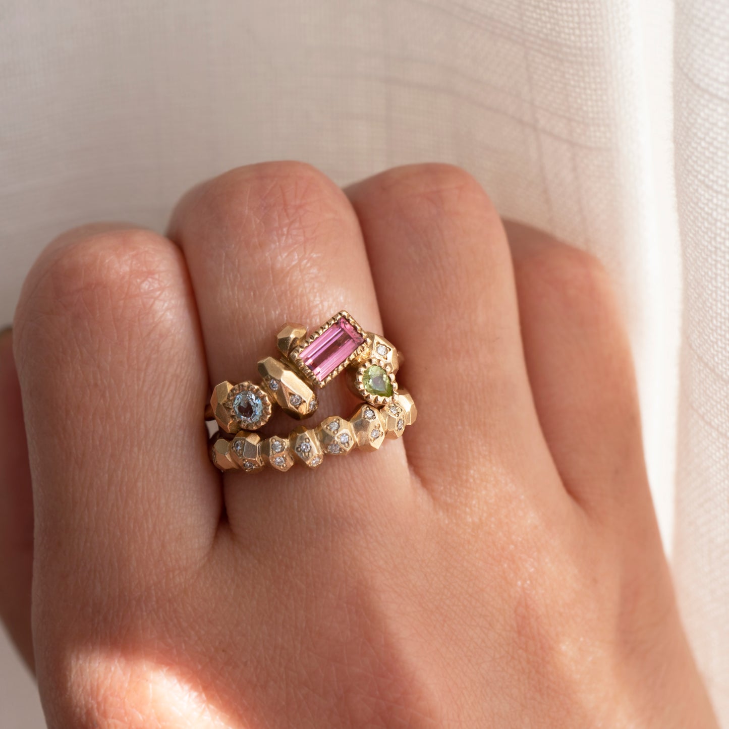 One-Of-A-Kind Gea Gea Ring #3 - 9ct Gold, Peridot, Tourmaline, Aquamarine & Diamonds