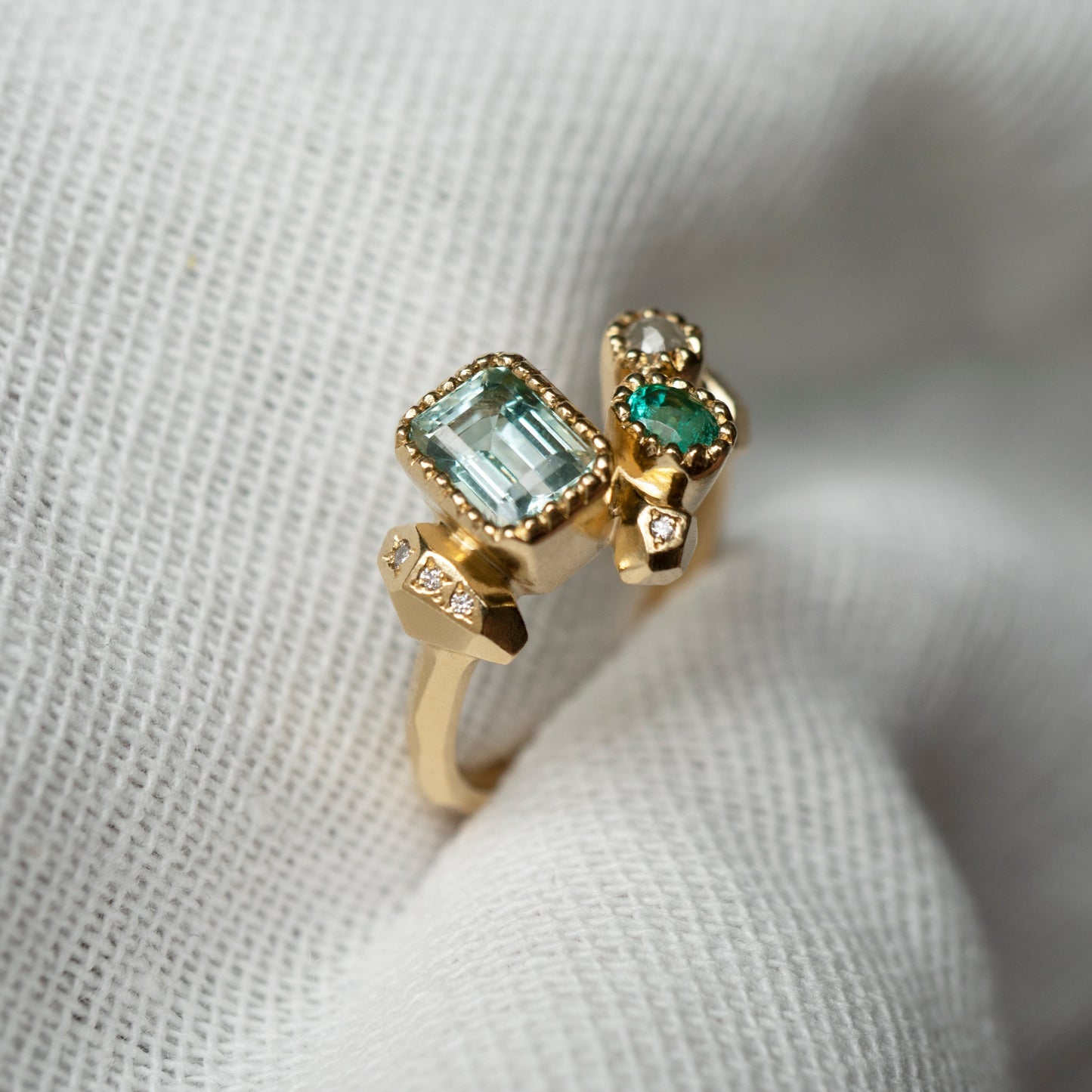 One-Of-A-Kind Gea Gea Ring #4 - 18ct Gold, Green Beryl, Emerald & Diamonds