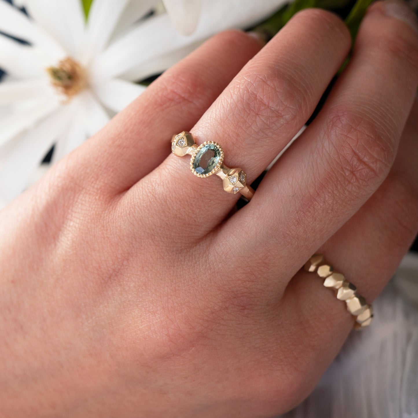 Gea Three Stone Ring - Green Sapphire