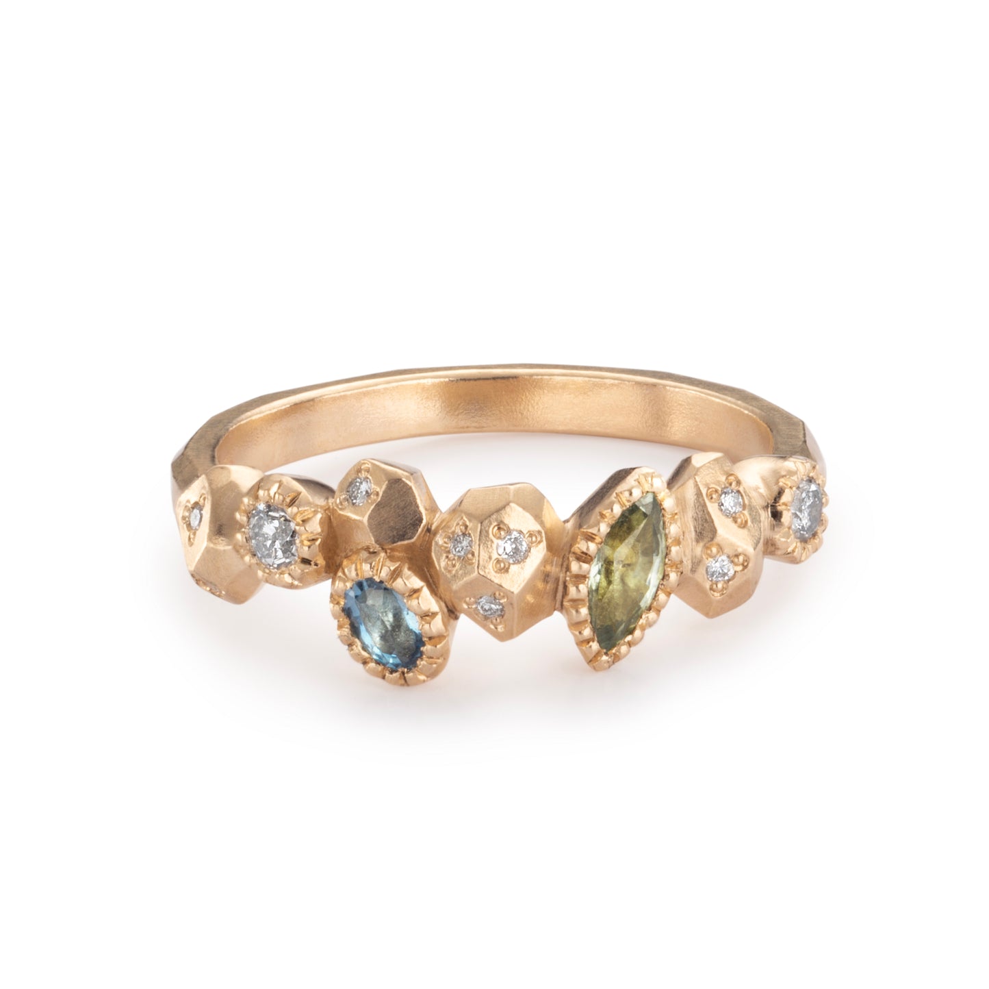 Gea Multi Half Eternity Ring - Aquamarine, Sapphire, Salt & Pepper Diamonds
