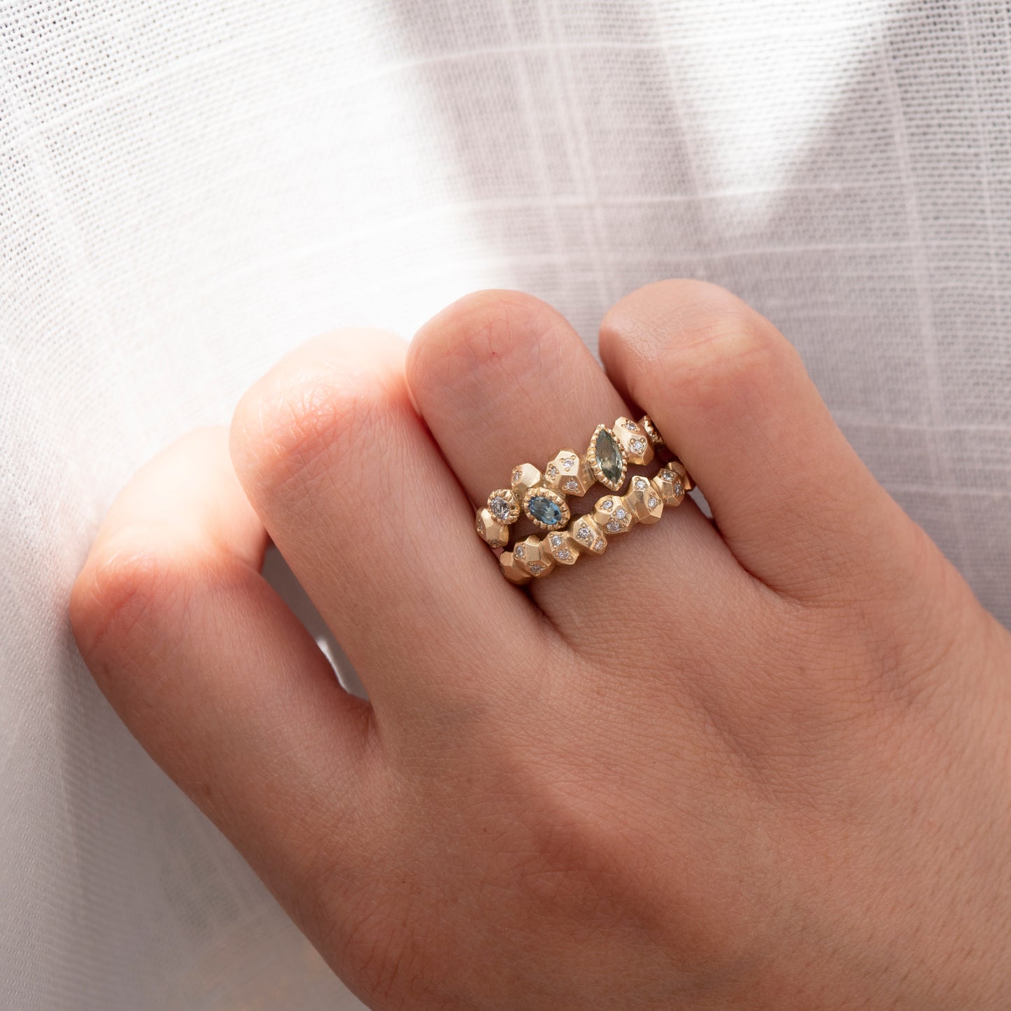 Gea Multi Half Eternity Ring - Aquamarine, Sapphire, Salt & Pepper Diamonds