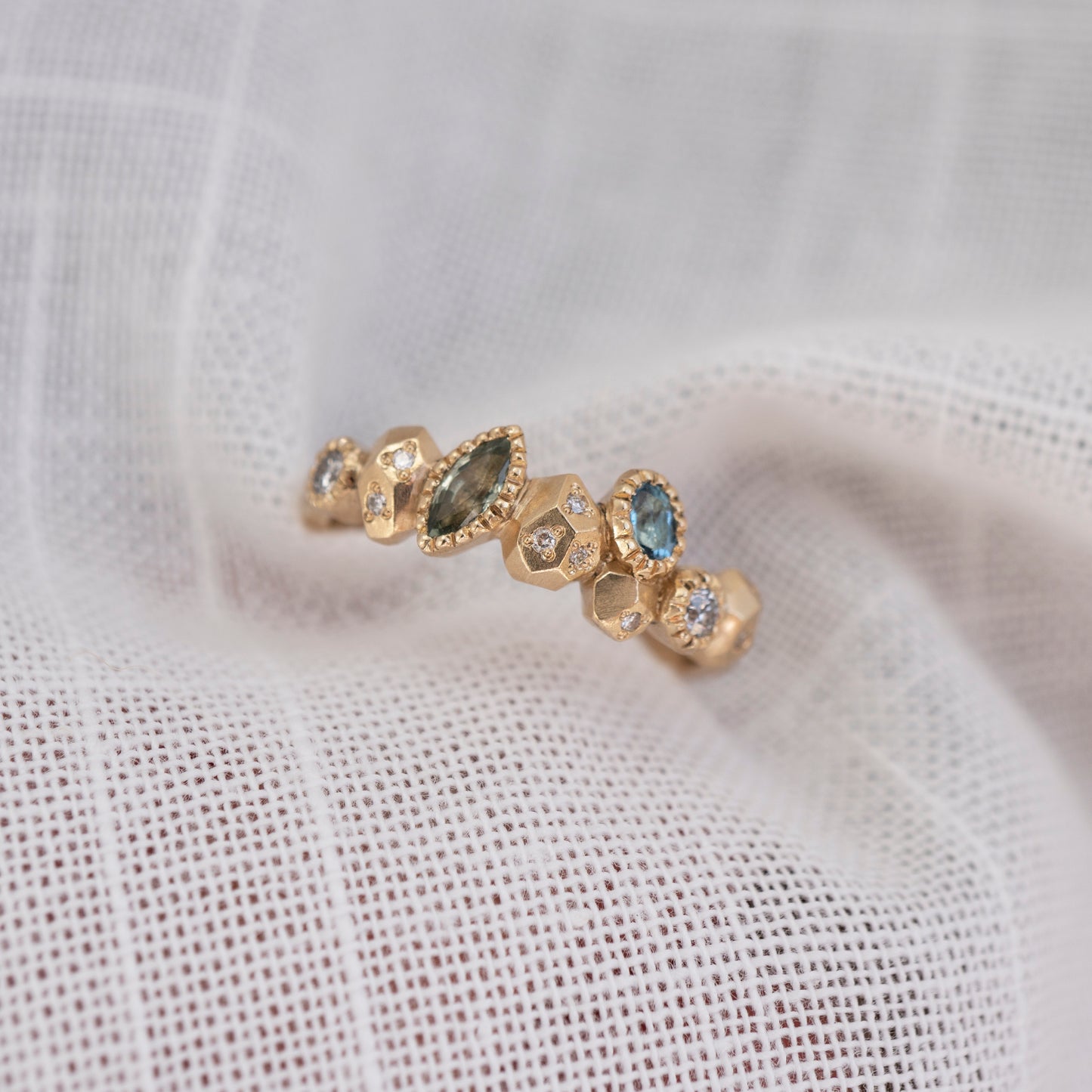 Gea Multi Half Eternity Ring - Aquamarine, Sapphire, Salt & Pepper Diamonds