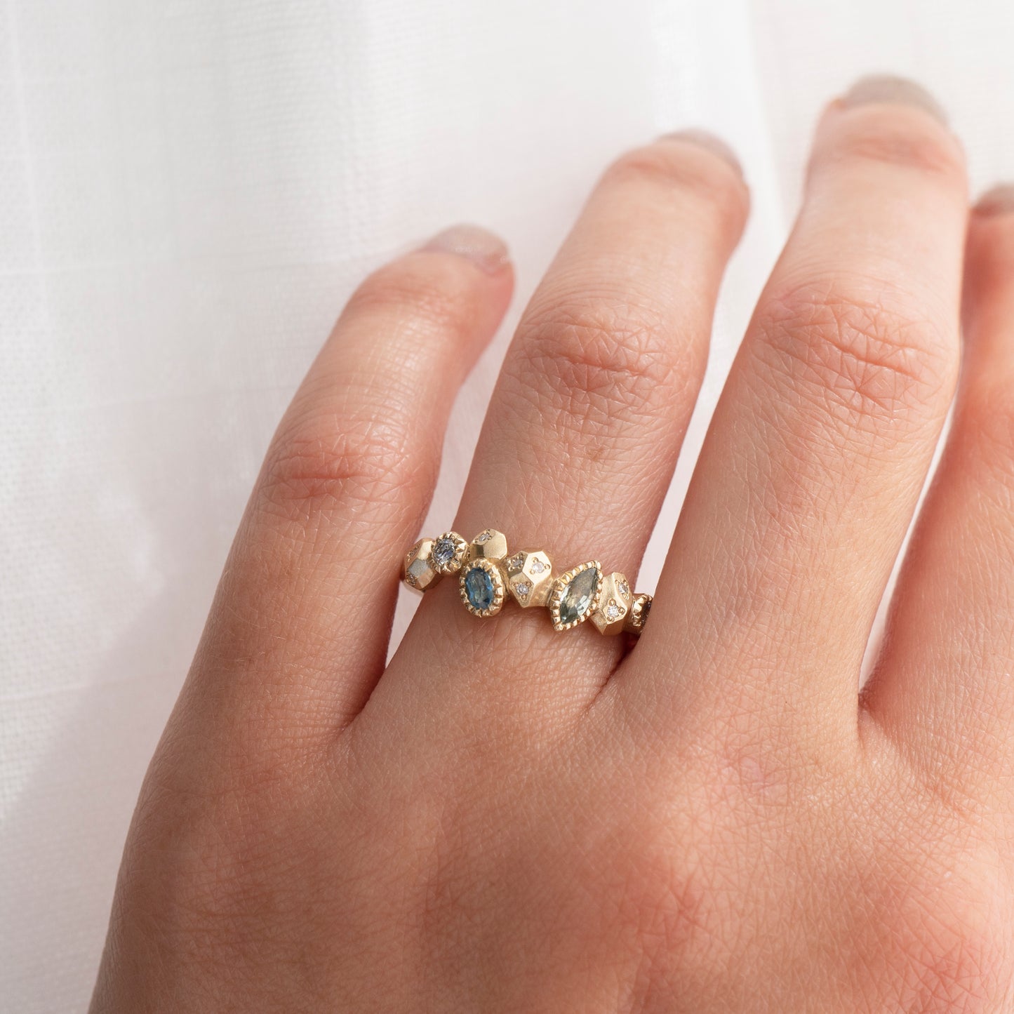 Gea Multi Half Eternity Ring - Aquamarine, Sapphire, Salt & Pepper Diamonds