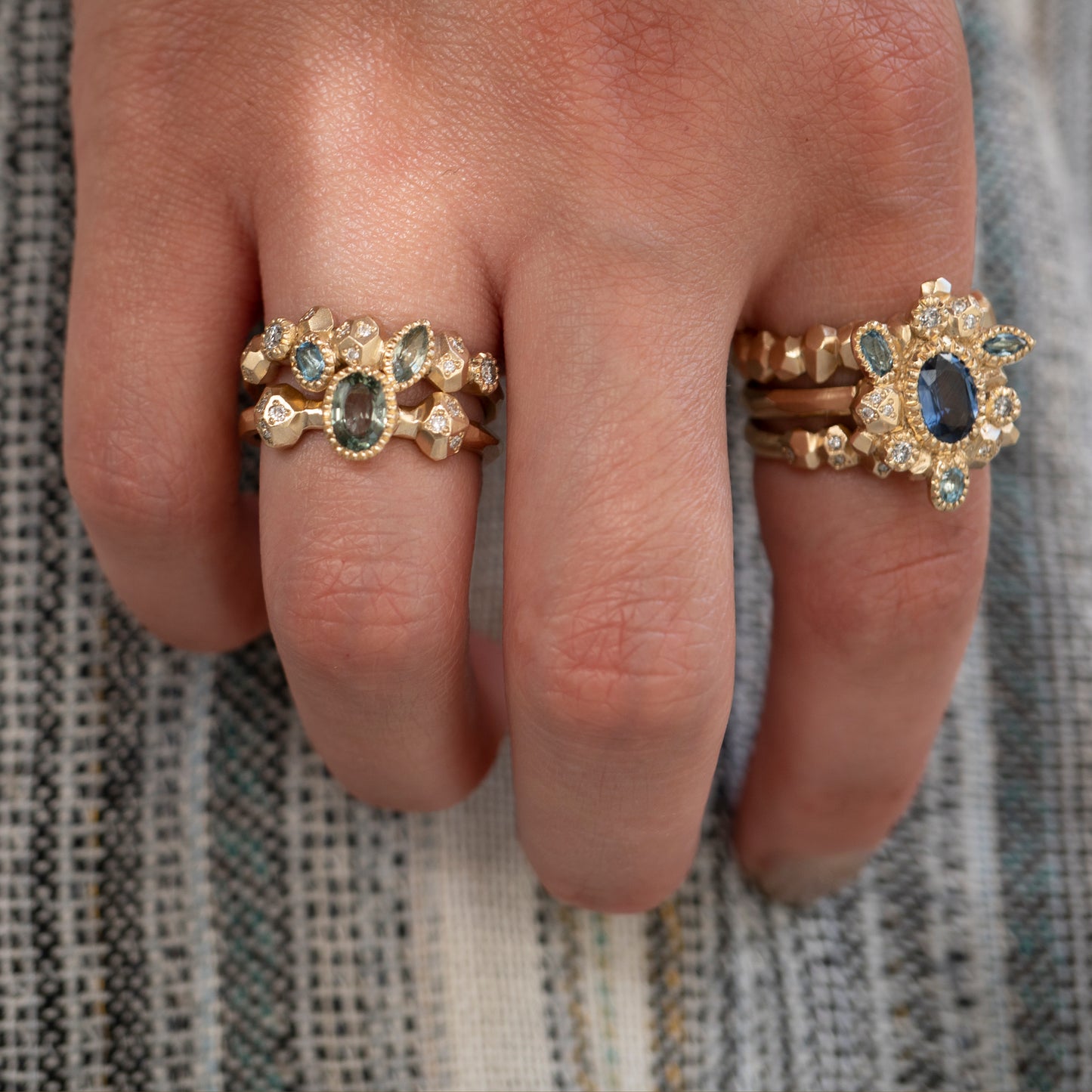 Gea Multi Half Eternity Ring - Aquamarine, Sapphire, Salt & Pepper Diamonds