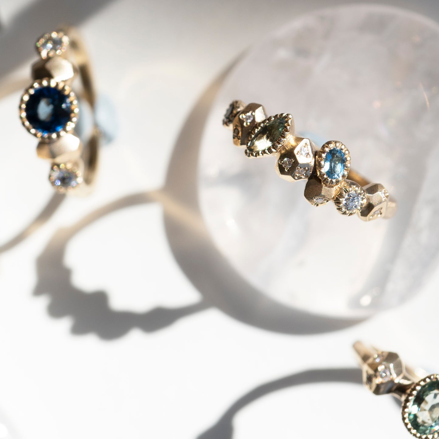 Gea Multi Half Eternity Ring - Aquamarine, Sapphire, Salt & Pepper Diamonds