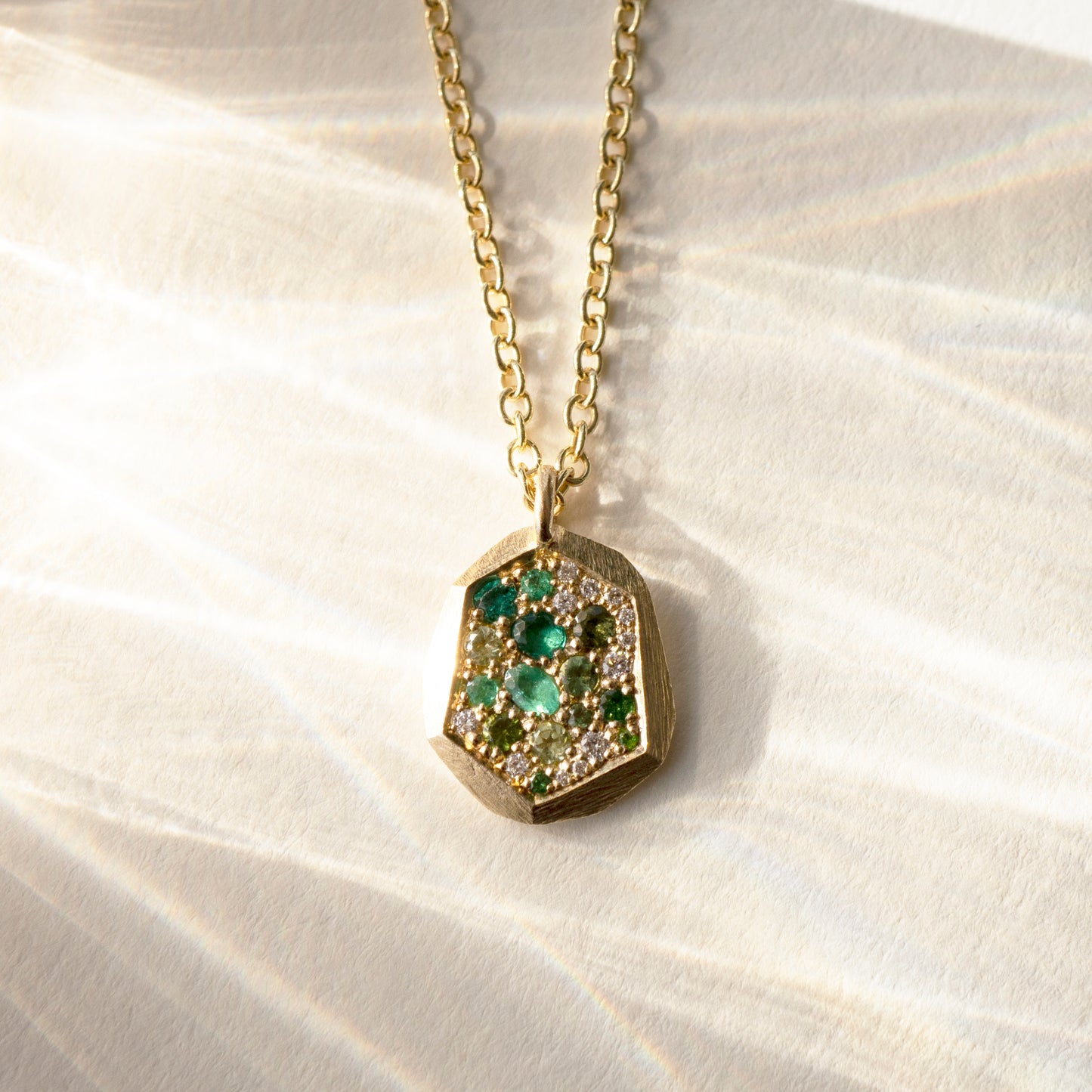 Pave Faceted Tag Pendant Necklace - Emerald & Mixed Gemstones