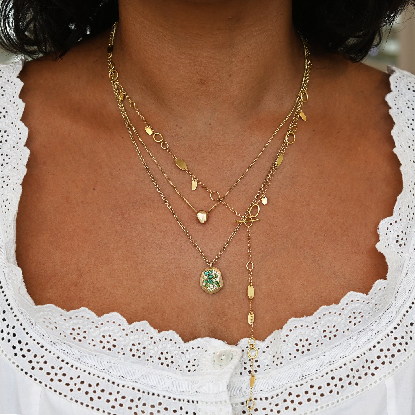 Pave Faceted Tag Pendant Necklace - Emerald & Mixed Gemstones