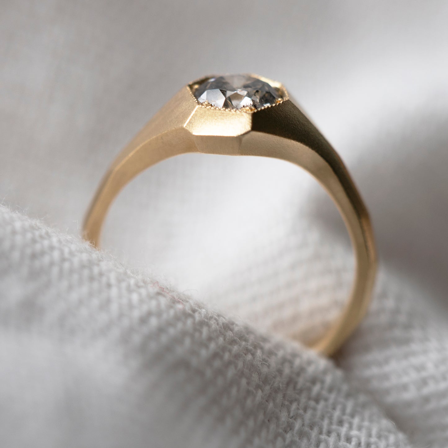 Faceted Signet Ring - Salt & Pepper Diamond