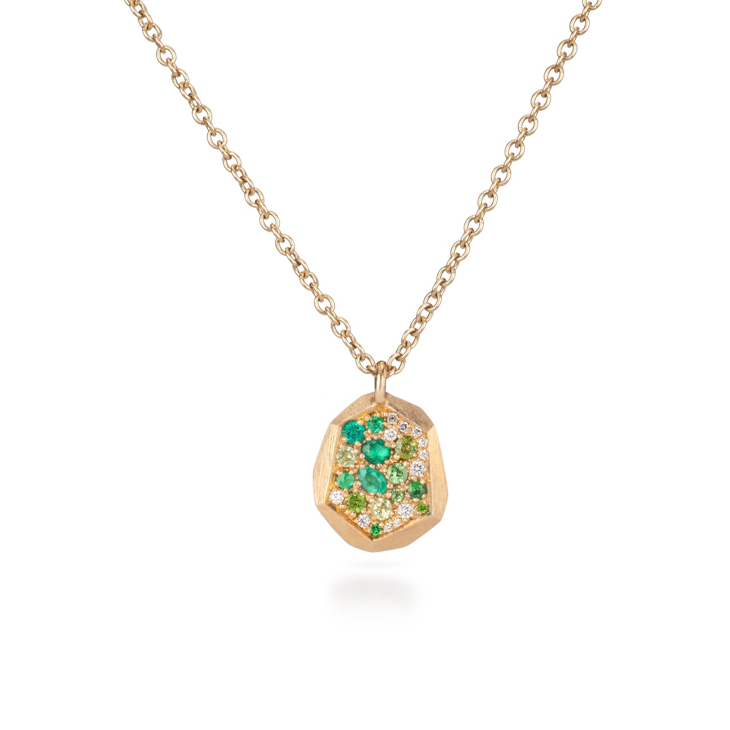 Pave Faceted Tag Pendant Necklace - Emerald & Mixed Gemstones